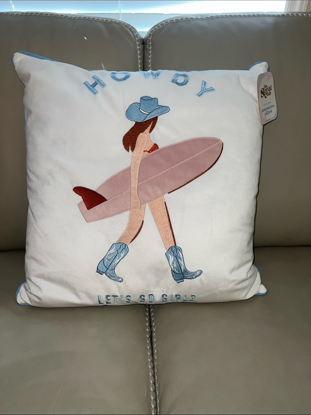 Let's Go Girls White Decorative Throw Pillow with Pink Surfboard